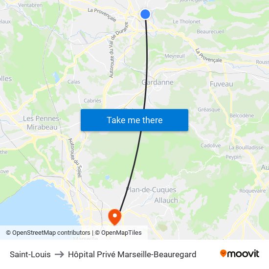 Saint-Louis to Hôpital Privé Marseille-Beauregard map