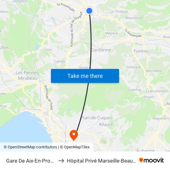 Gare De Aix-En-Provence to Hôpital Privé Marseille-Beauregard map