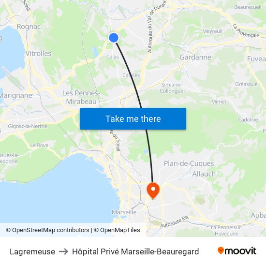 Lagremeuse to Hôpital Privé Marseille-Beauregard map