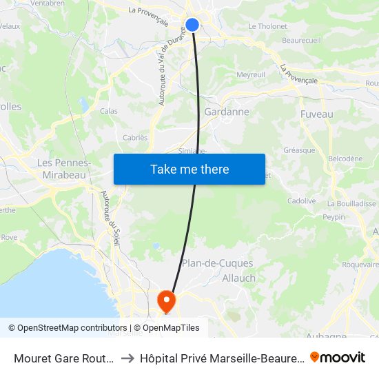 Mouret Gare Routière to Hôpital Privé Marseille-Beauregard map