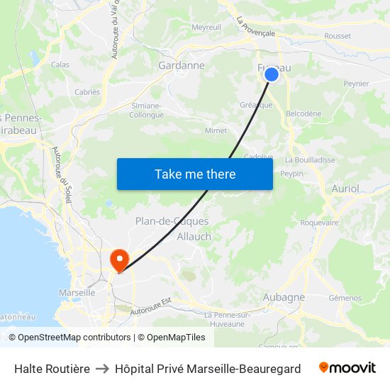 Halte Routière to Hôpital Privé Marseille-Beauregard map