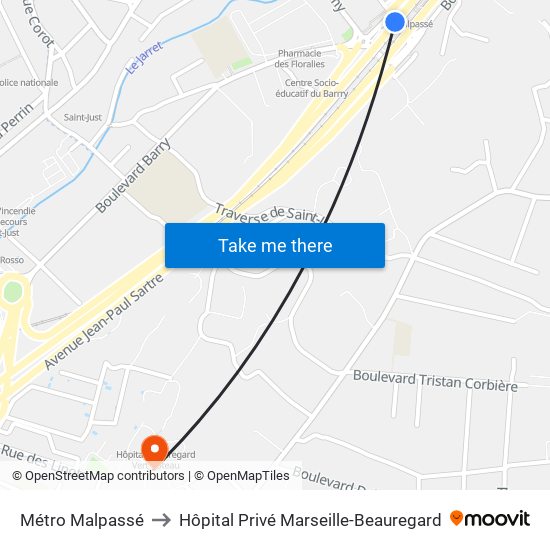 Métro Malpassé to Hôpital Privé Marseille-Beauregard map