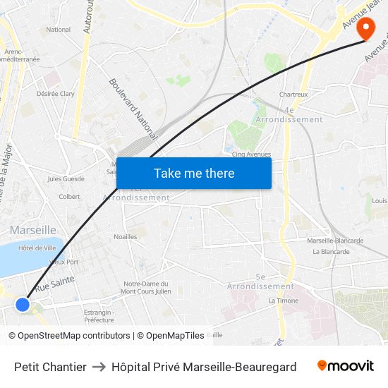 Petit Chantier to Hôpital Privé Marseille-Beauregard map