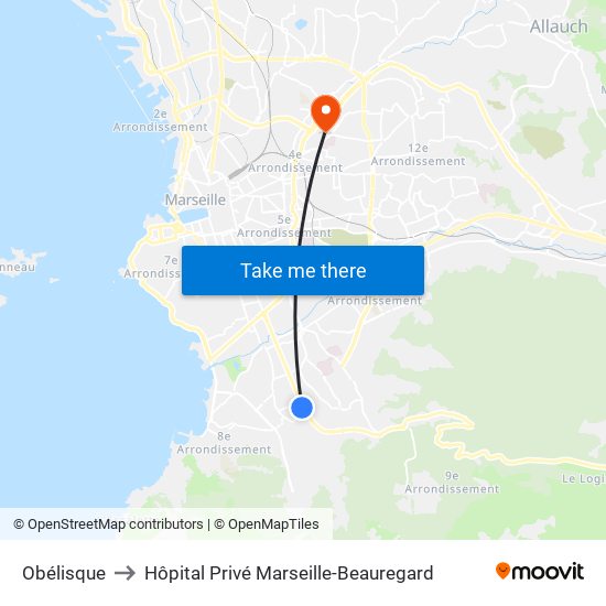 Obélisque to Hôpital Privé Marseille-Beauregard map