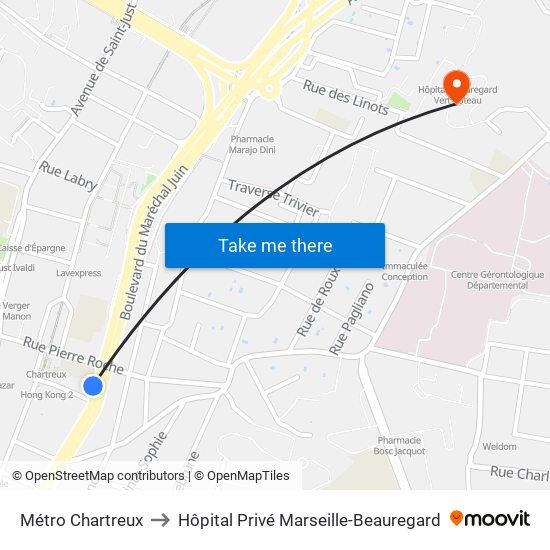 Métro Chartreux to Hôpital Privé Marseille-Beauregard map