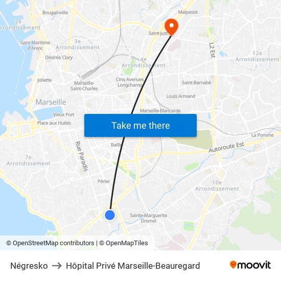 Négresko to Hôpital Privé Marseille-Beauregard map