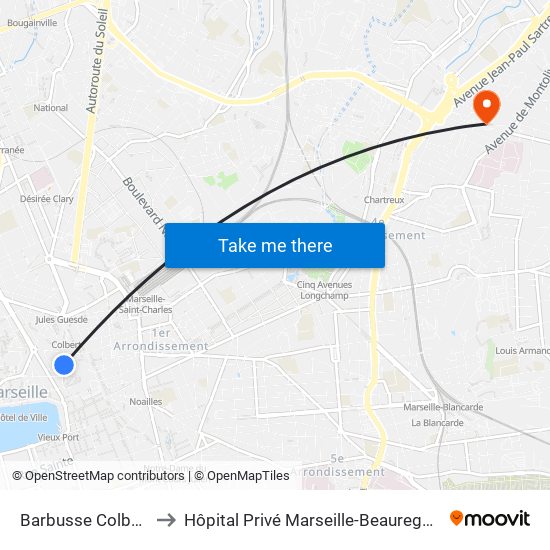 Barbusse Colbert to Hôpital Privé Marseille-Beauregard map