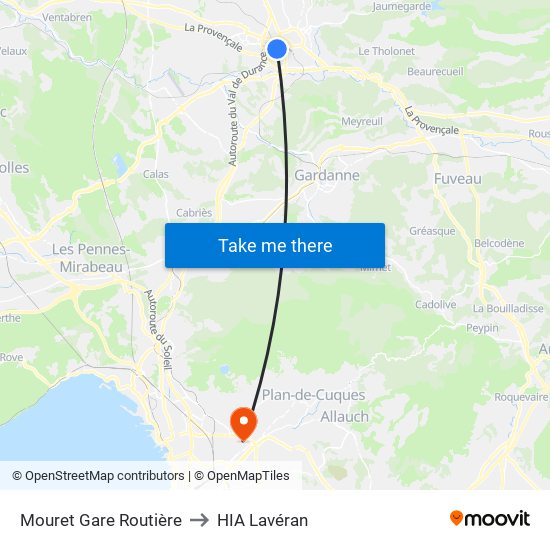 Mouret Gare Routière to HIA Lavéran map