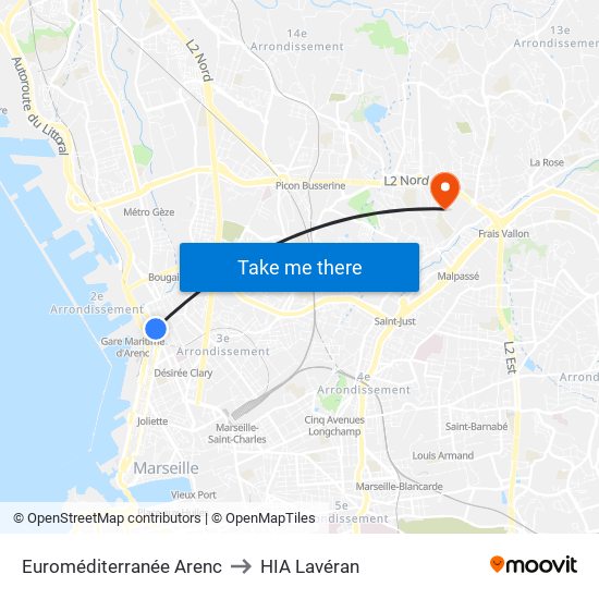 Euroméditerranée Arenc to HIA Lavéran map