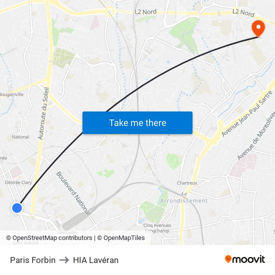 Paris Forbin to HIA Lavéran map