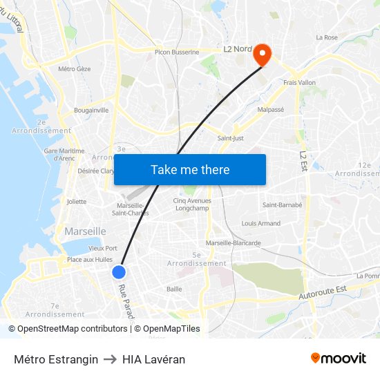 Métro Estrangin to HIA Lavéran map