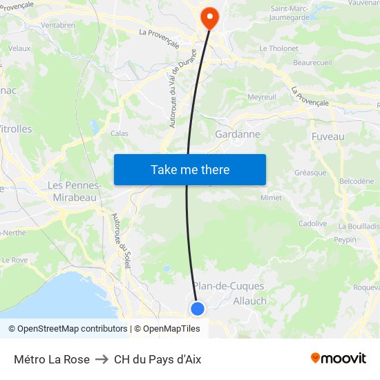 Métro La Rose to CH du Pays d'Aix map