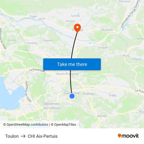 Toulon to CHI Aix-Pertuis map