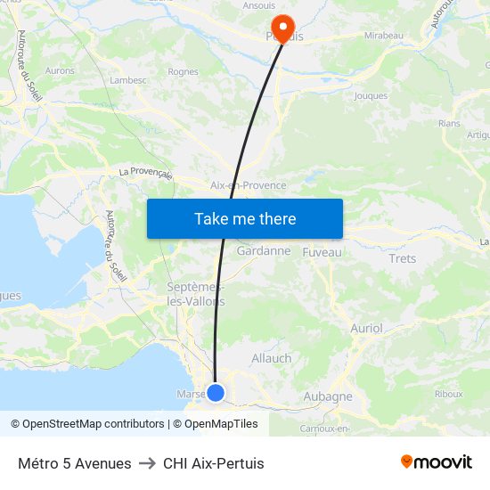 Métro 5 Avenues to CHI Aix-Pertuis map