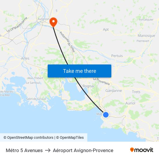 Métro 5 Avenues to Aéroport Avignon-Provence map