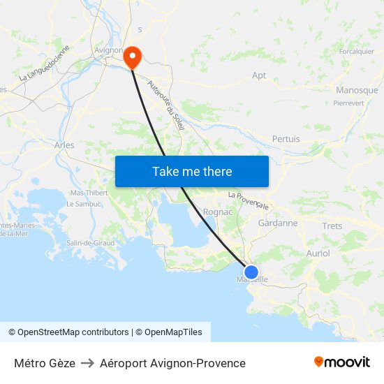 Métro Gèze to Aéroport Avignon-Provence map