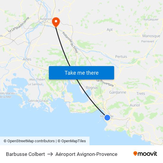 Barbusse Colbert to Aéroport Avignon-Provence map