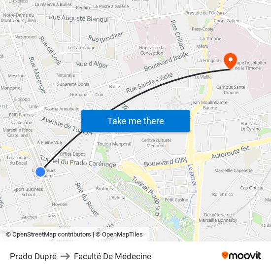 Prado Dupré to Faculté De Médecine map