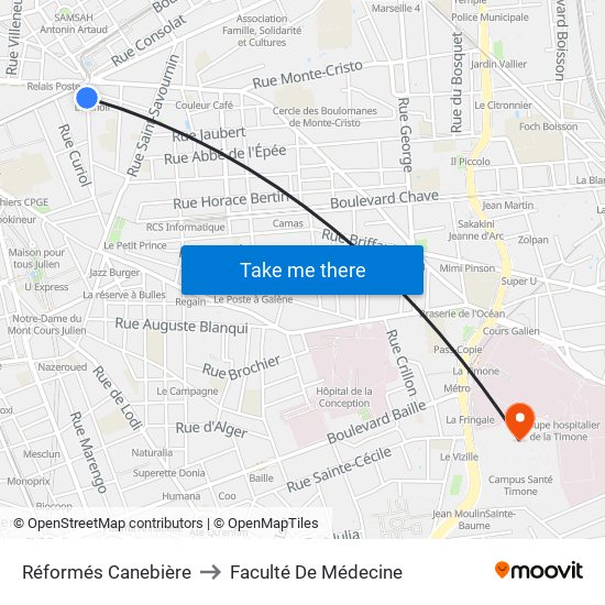 Réformés Canebière to Faculté De Médecine map