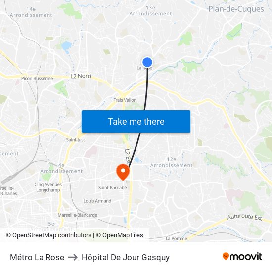 Métro La Rose to Hôpital De Jour Gasquy map