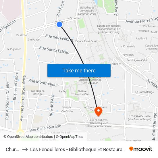 Churchill to Les Fenouillères - Bibliothèque Et Restaurant Universitaire map