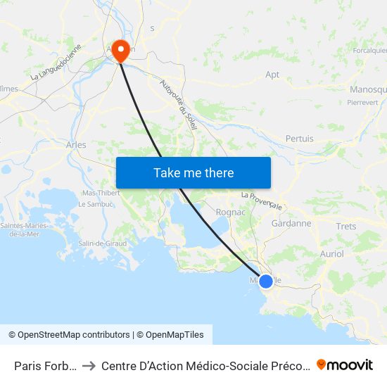 Paris Forbin to Centre D’Action Médico-Sociale Précoce map