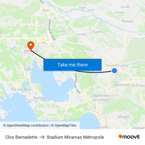Clos Bernadette to Stadium Miramas Métropole map