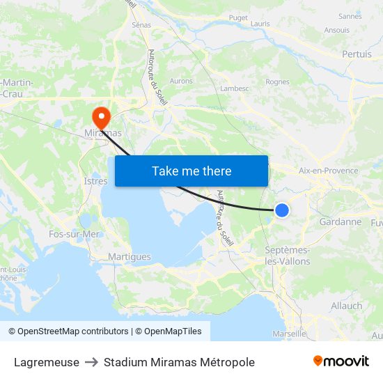 Lagremeuse to Stadium Miramas Métropole map