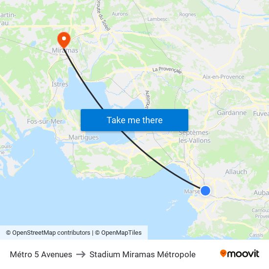 Métro 5 Avenues to Stadium Miramas Métropole map