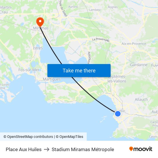 Place Aux Huiles to Stadium Miramas Métropole map