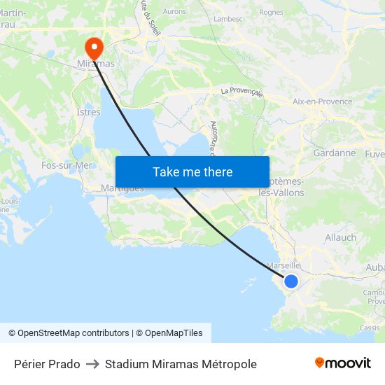 Périer Prado to Stadium Miramas Métropole map