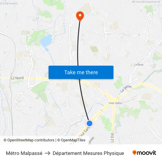 Métro Malpassé to Département Mesures Physique map