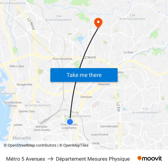 Métro 5 Avenues to Département Mesures Physique map