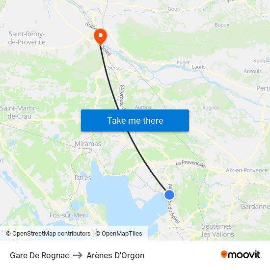 Gare De Rognac to Arènes D'Orgon map