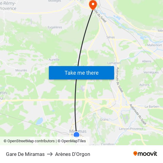 Gare De Miramas to Arènes D'Orgon map