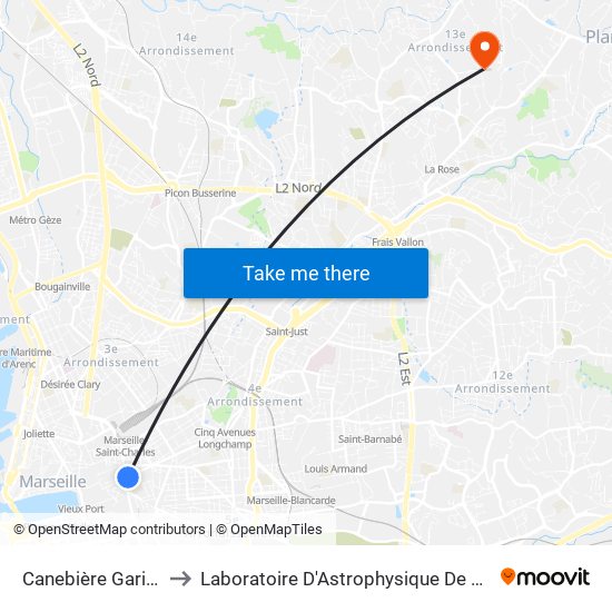Canebière Garibaldi to Laboratoire D'Astrophysique De Marseille map