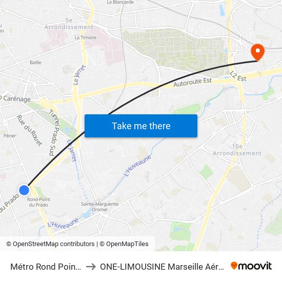 Métro Rond Point Du Prado to ONE-LIMOUSINE Marseille Aéroport & Gare TGV map