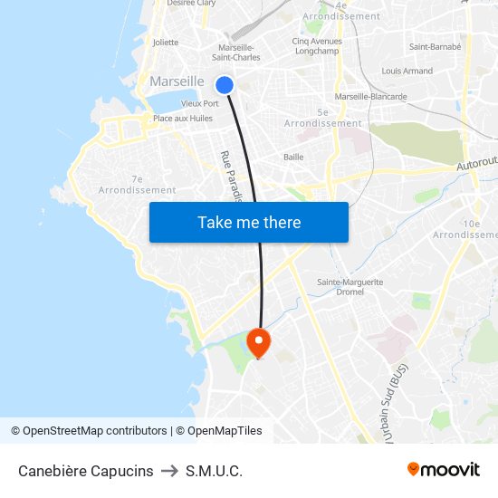 Canebière Capucins to S.M.U.C. map