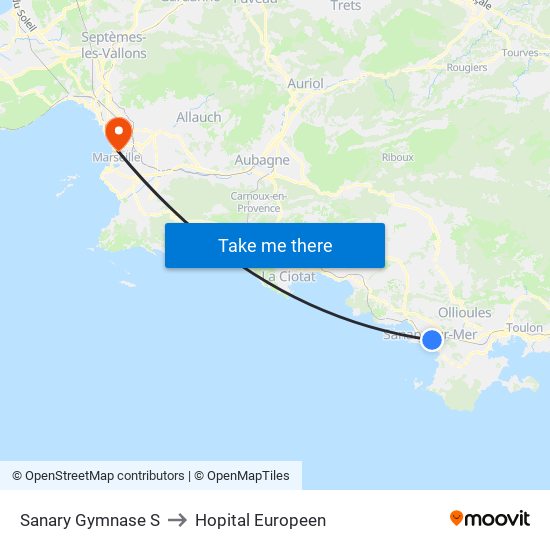 Sanary Gymnase S to Hopital Europeen map