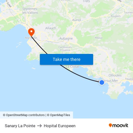 Sanary La Pointe to Hopital Europeen map