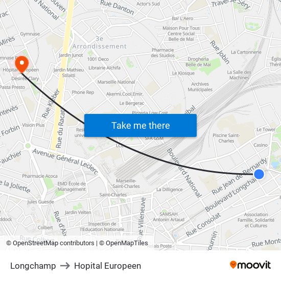 Longchamp to Hopital Europeen map