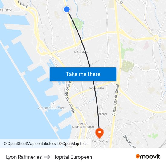Lyon Raffineries to Hopital Europeen map