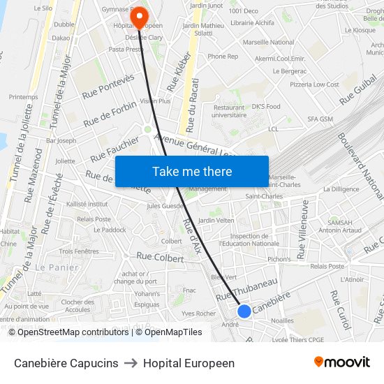 Canebière Capucins to Hopital Europeen map