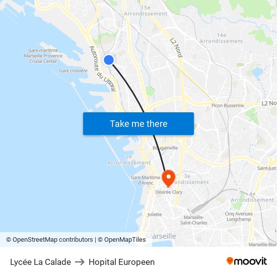 Lycée La Calade to Hopital Europeen map
