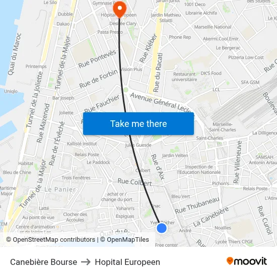 Canebière Bourse to Hopital Europeen map