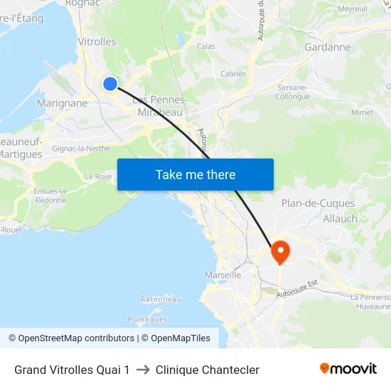 Grand Vitrolles Quai 1 to Clinique Chantecler map