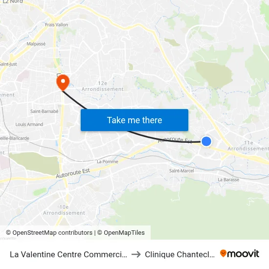 La Valentine Centre Commercial to Clinique Chantecler map