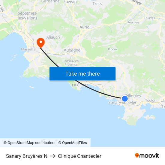 Sanary Bruyères N to Clinique Chantecler map