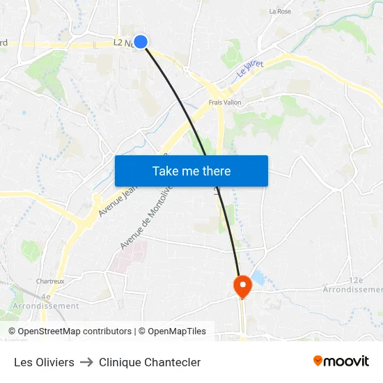 Les Oliviers to Clinique Chantecler map