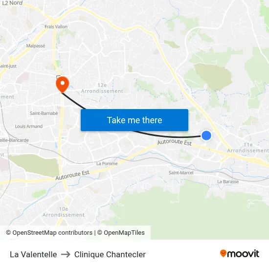 La Valentelle to Clinique Chantecler map